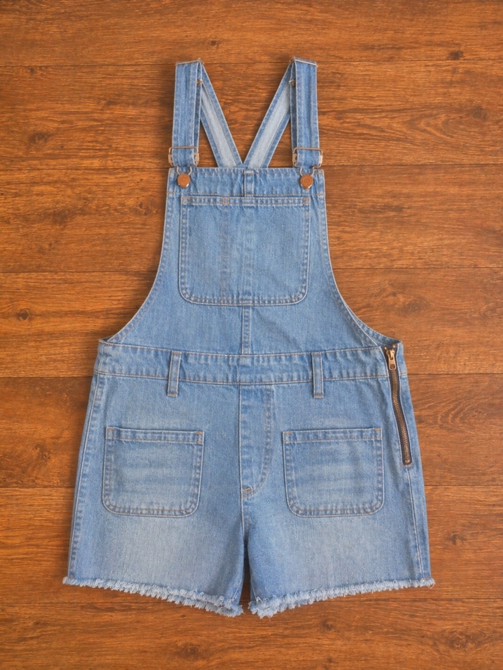 Madewell Denim Overall Shorts XS Light Wash Frayed Hem Side Zip